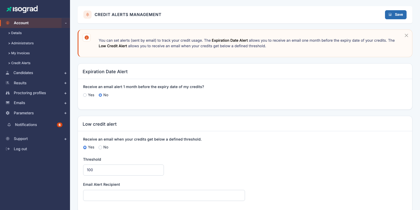 The "Credit alerts" page