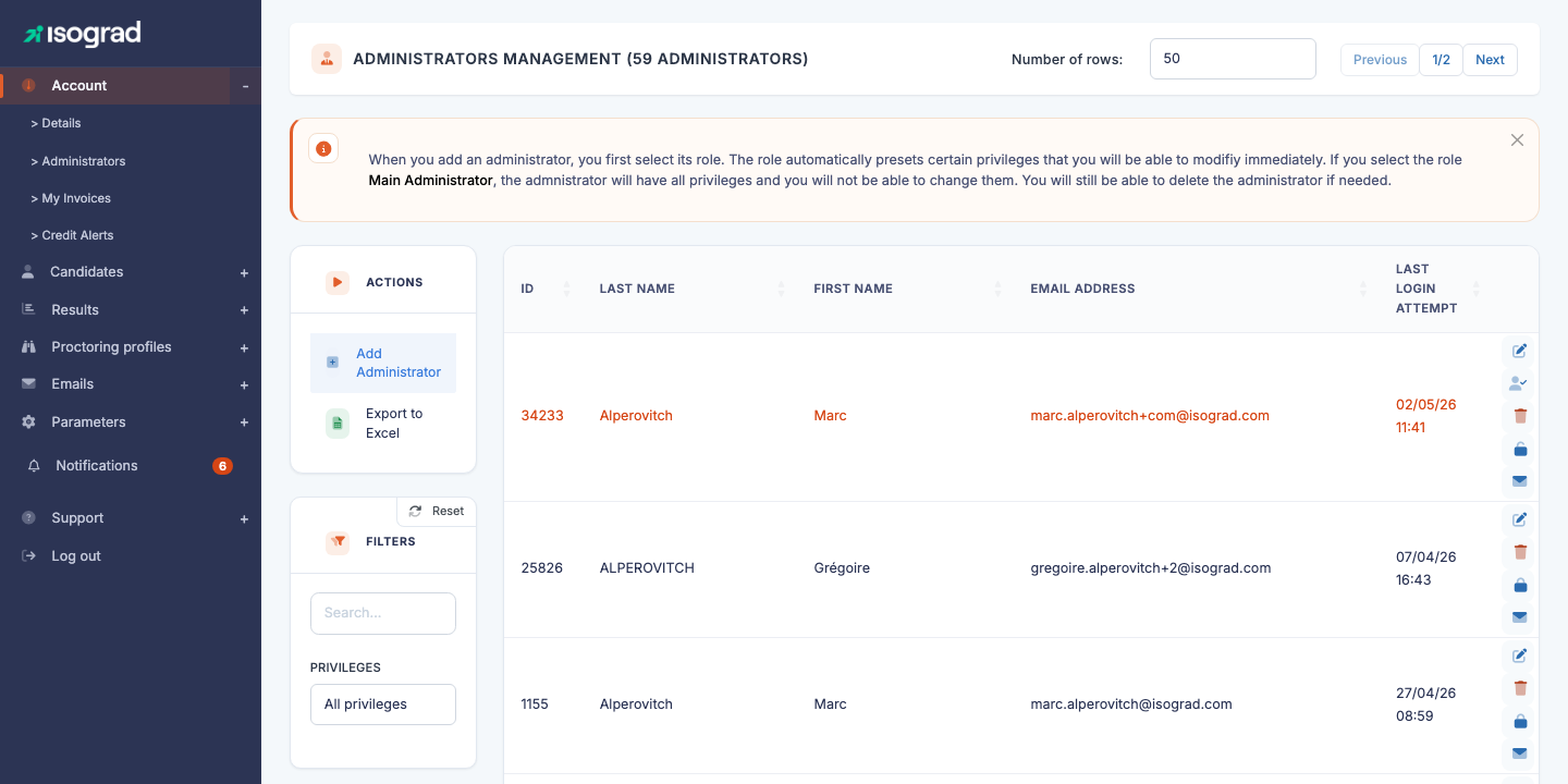 Main "Administrator management" page