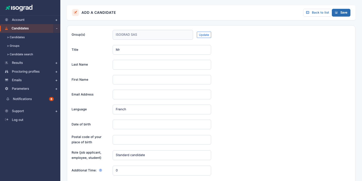 Candidate creation form