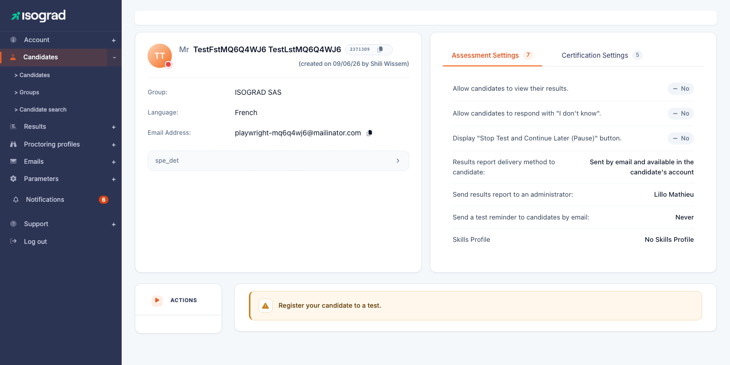 Candidate page after creation