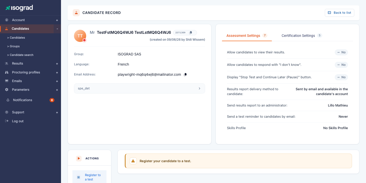 Test registration page