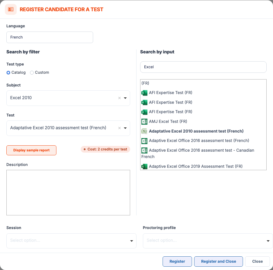 "Register candidate for a test" window