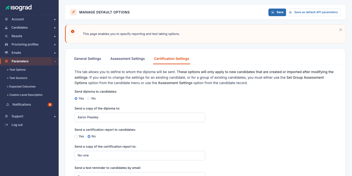 Tab "Certification settings"