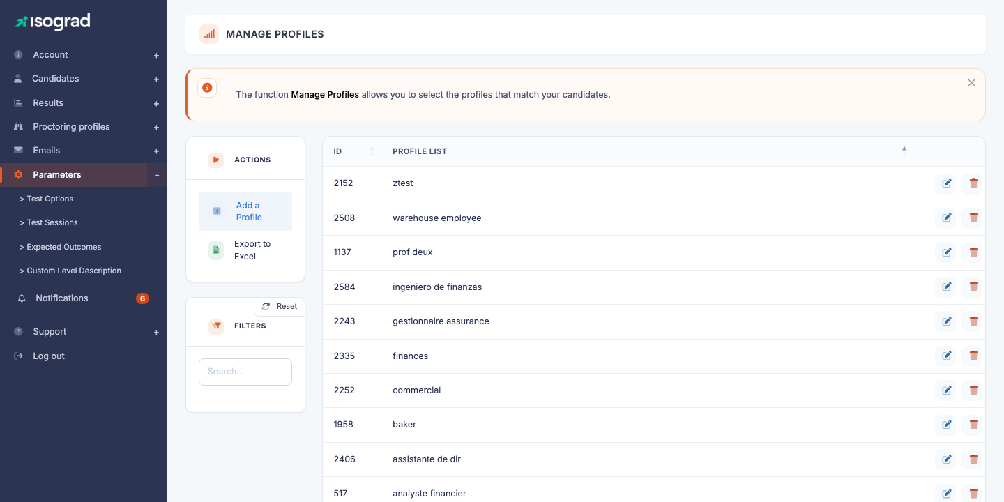 Main "Profiles management" page