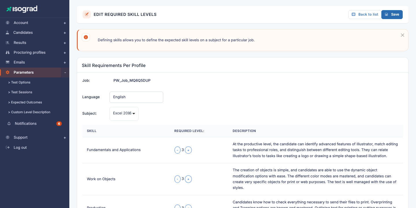 Page "Edit required levels"