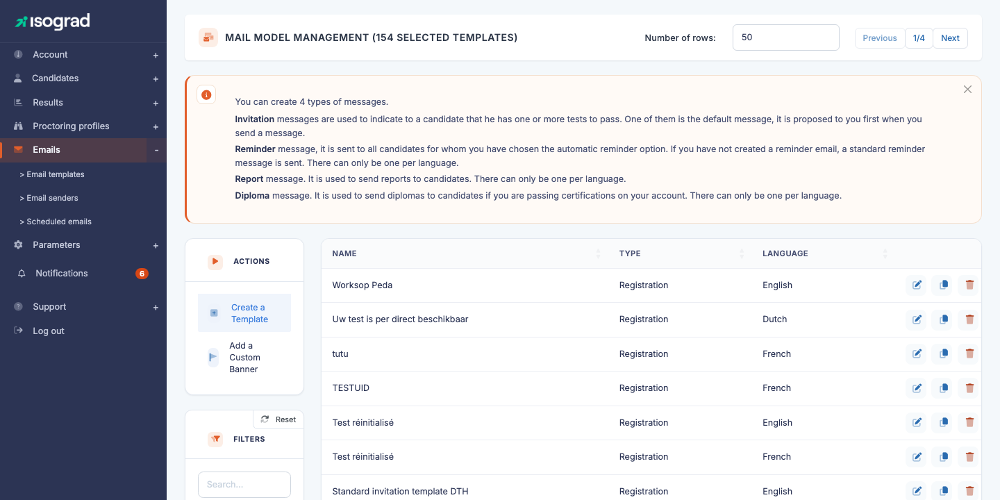 Main "Mail templates management" page