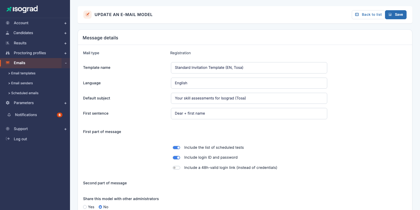 Email template edit page