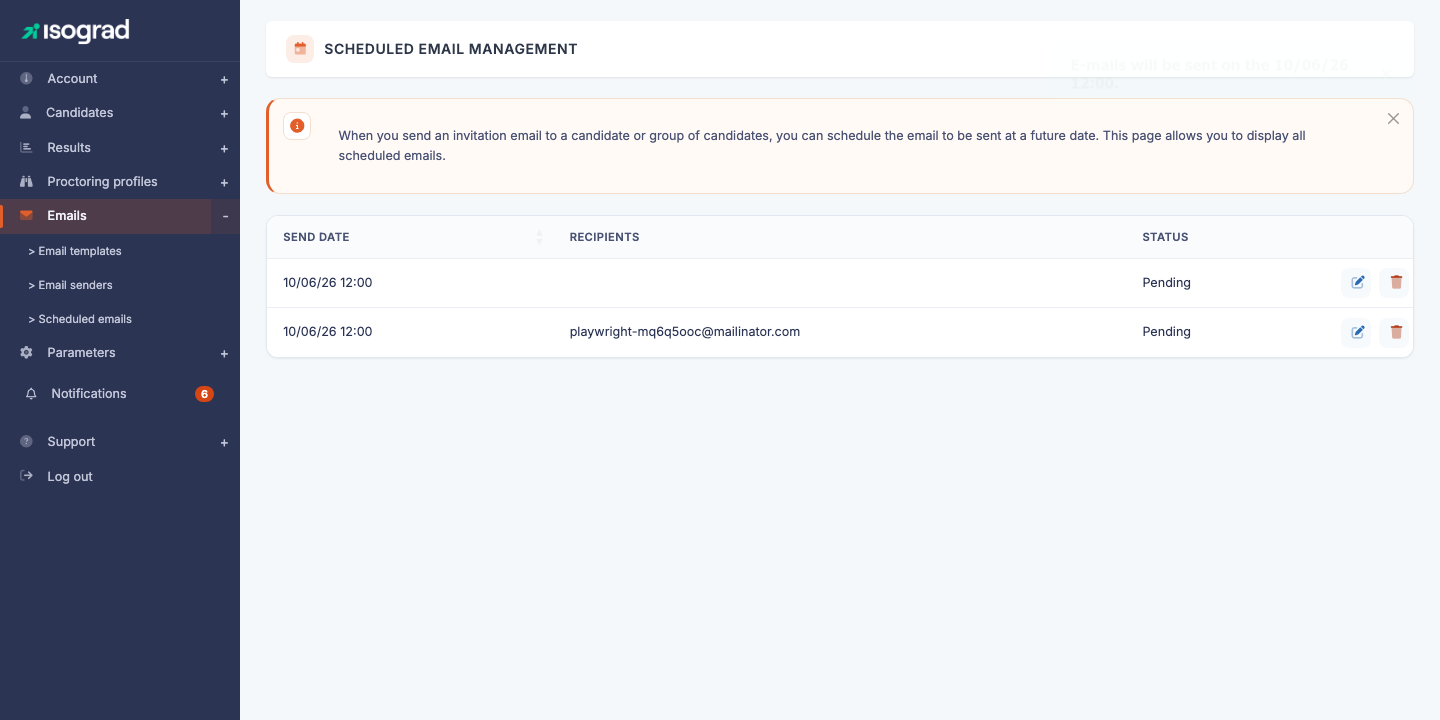 Main scheduled sendings page