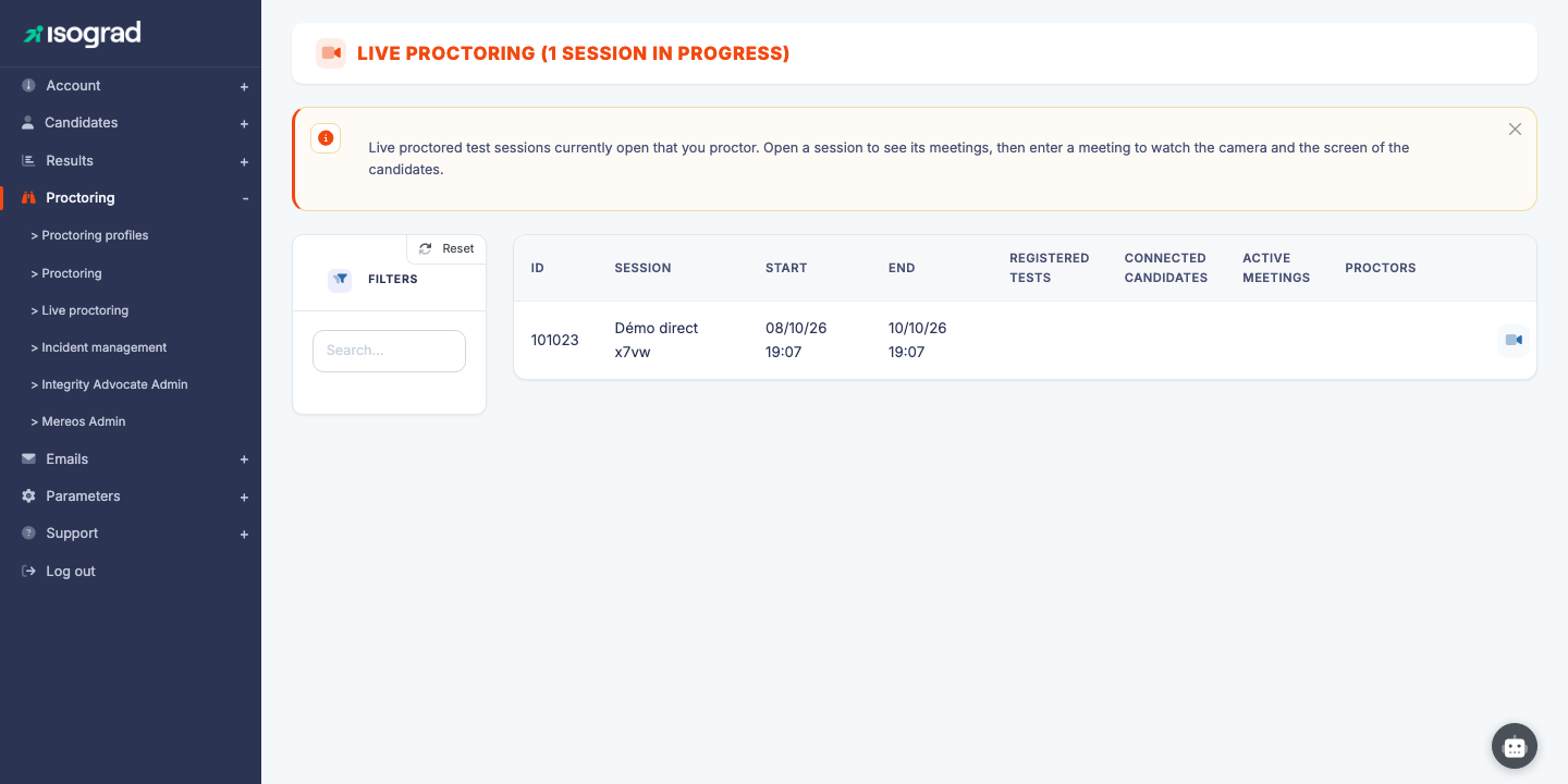The "Live proctoring" page
