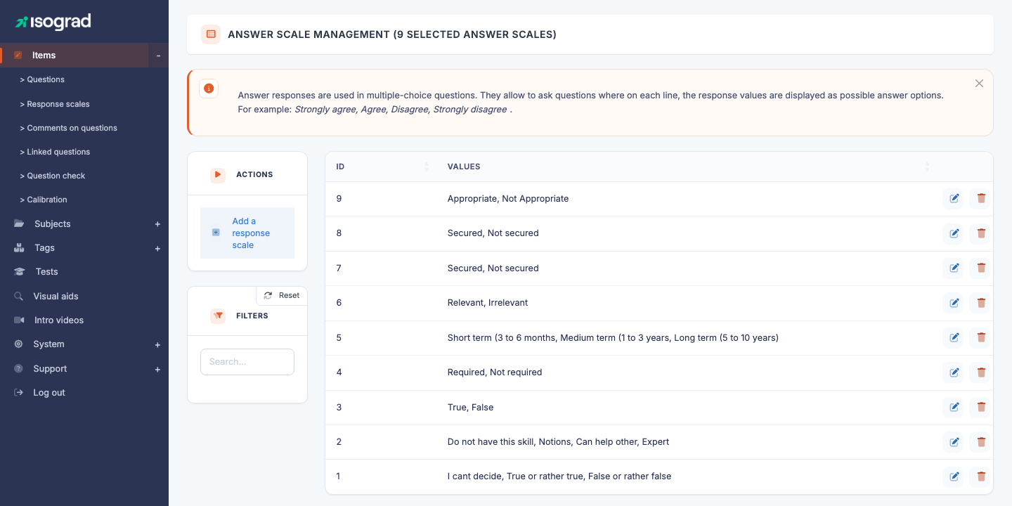 Answer scales management page