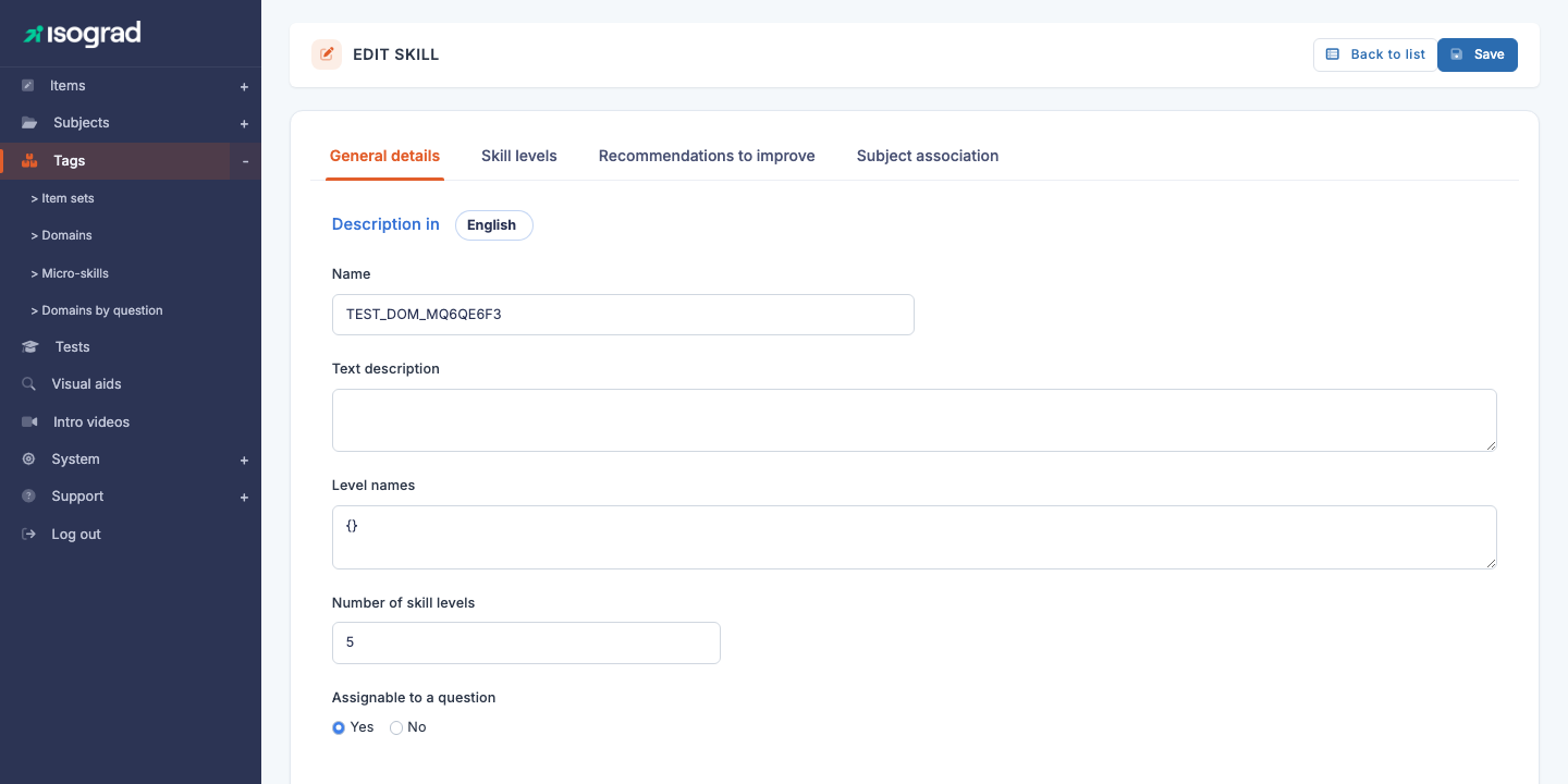 Tab "Associate subjects" — drag-and-drop