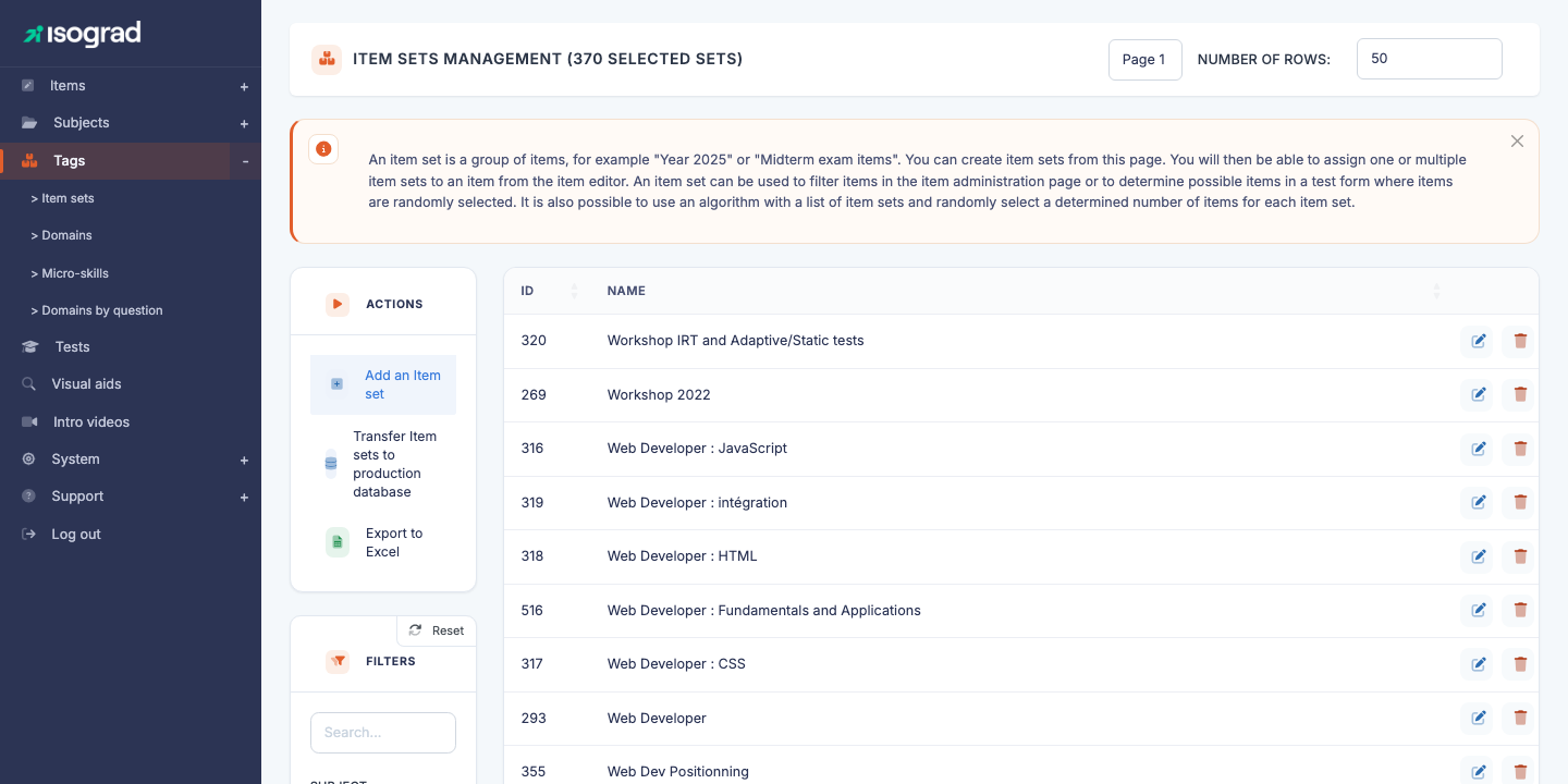 Page "Question set management"