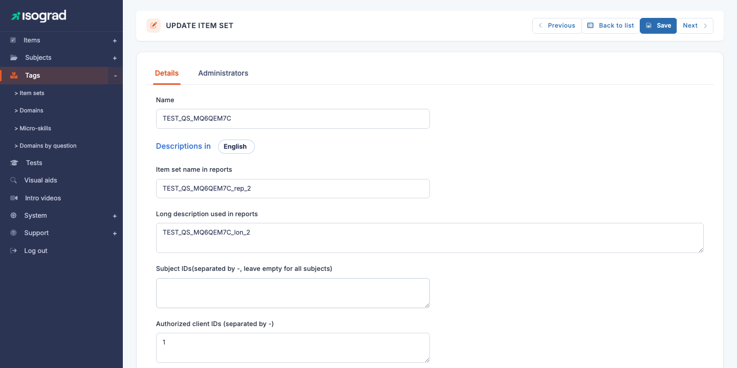 Tabs of the question set form