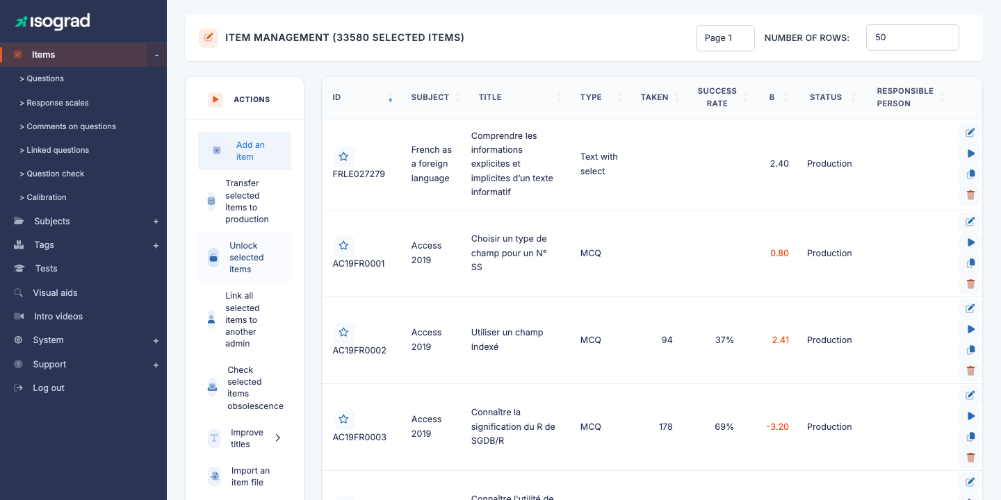 Questions management page