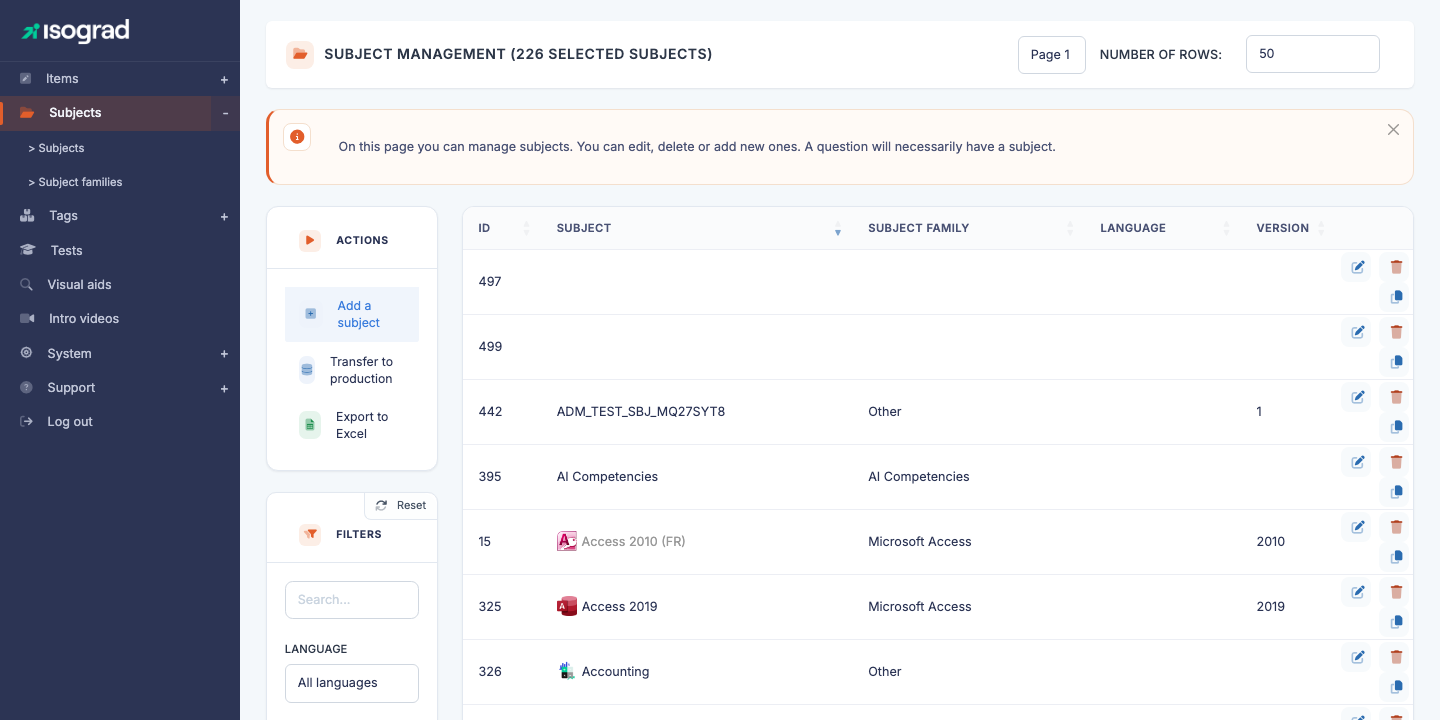 Main page "Subject management"