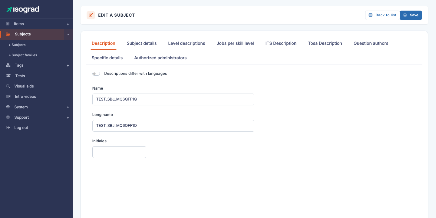 Tabs of the subject form
