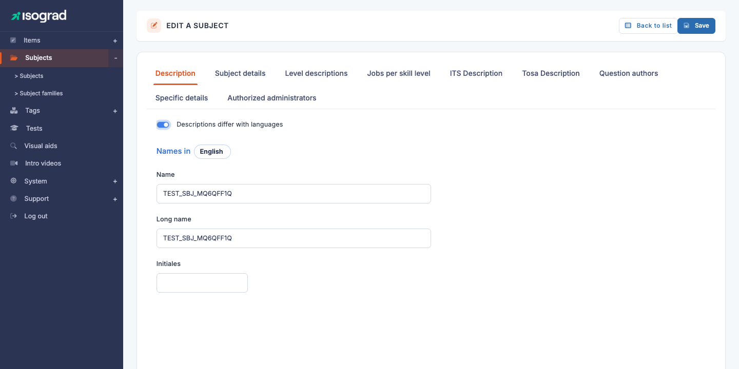 Tab "Description" — multilingual mode enabled