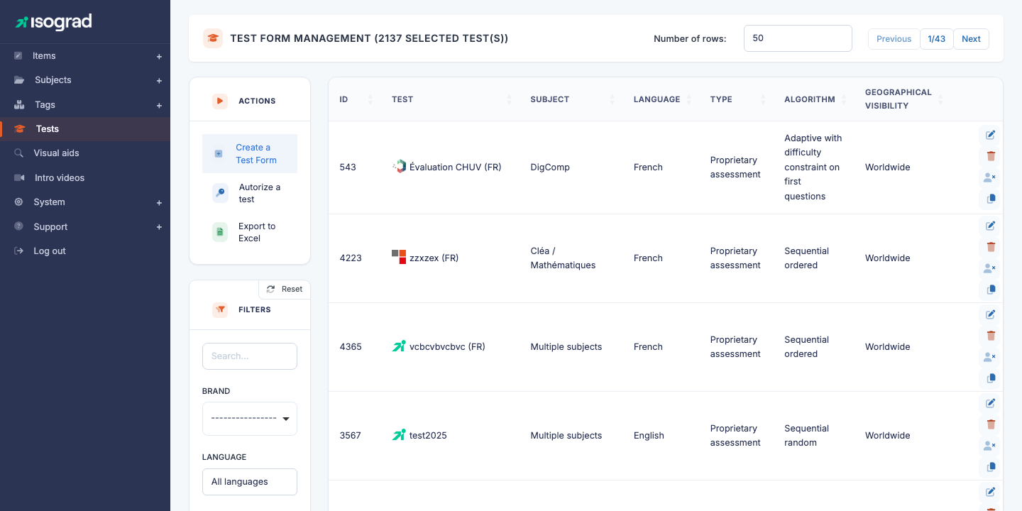 Tests management page