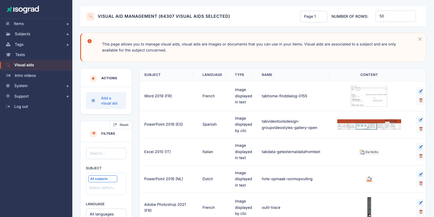 Visual aid management page
