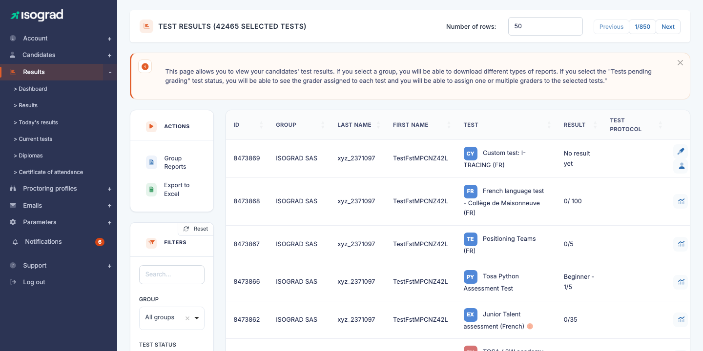 Main "Test Results" page