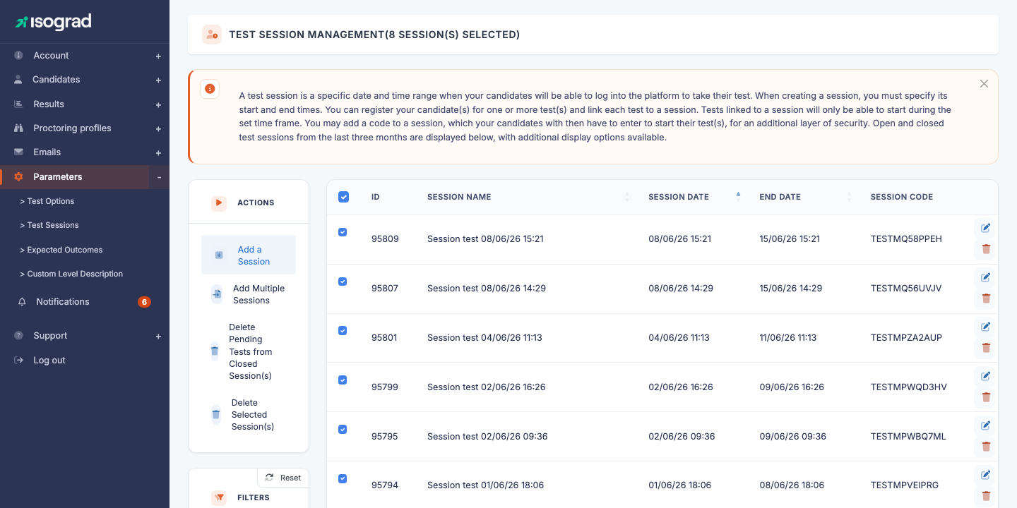 Main "Session management" page