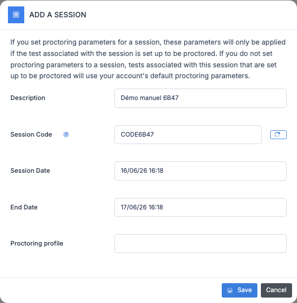 Session creation form
