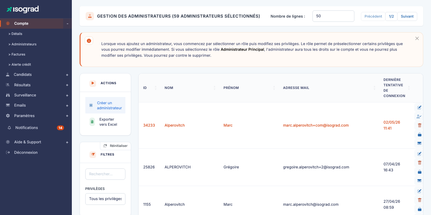 Page principale "Gestion des administrateurs"