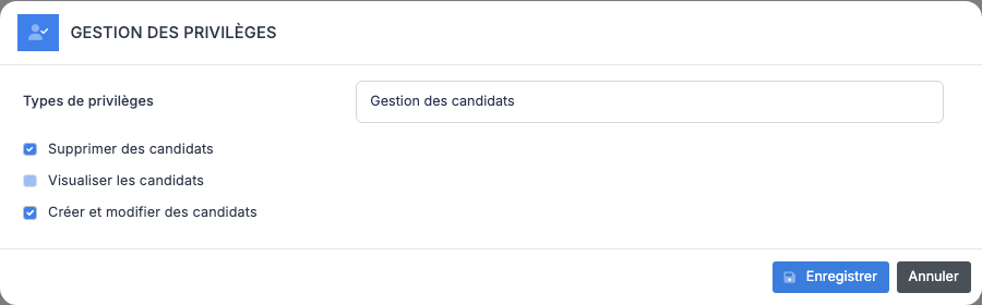Fenêtre de modification des privilèges