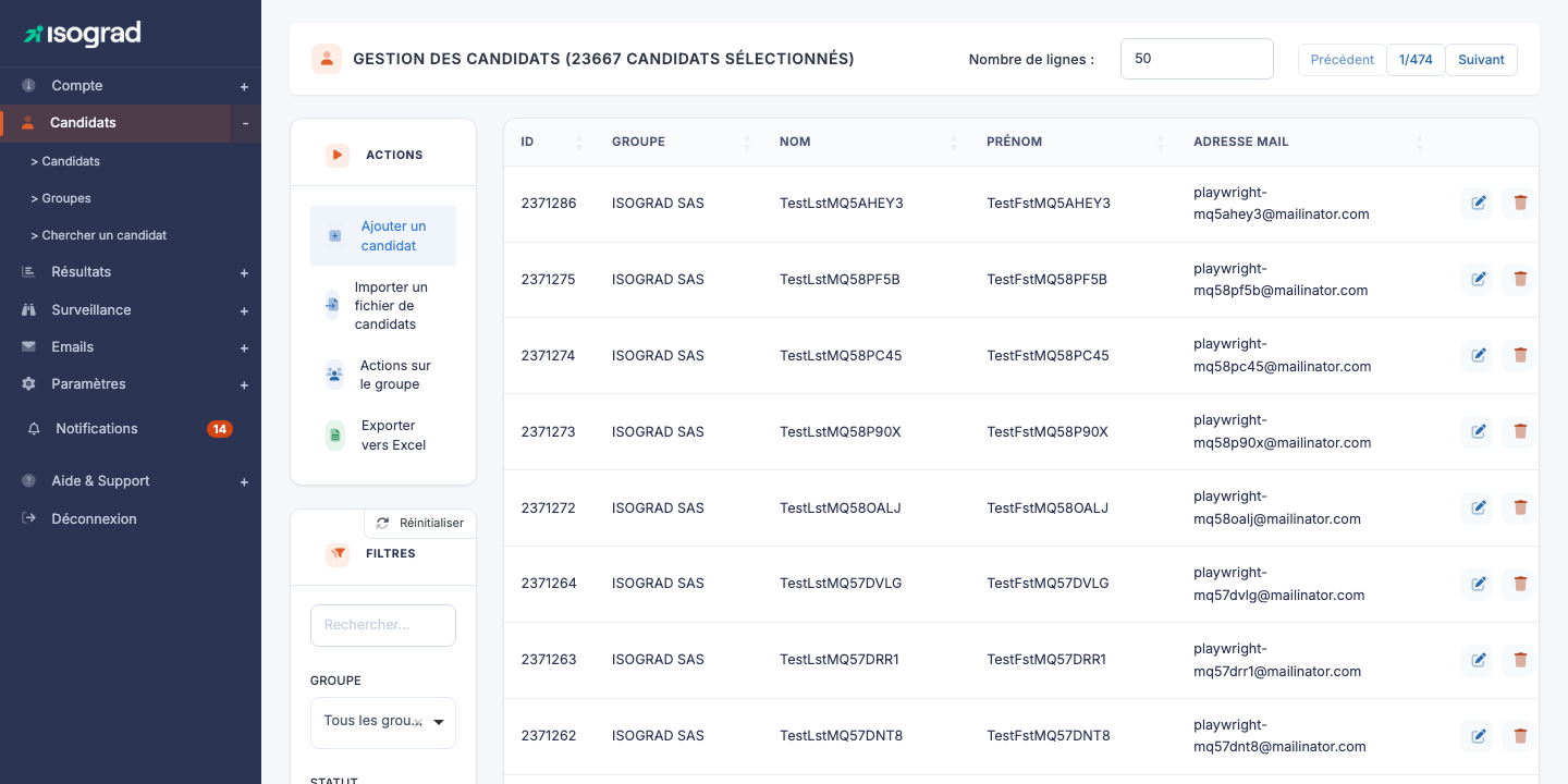 Page principale "Gestion des candidats"
