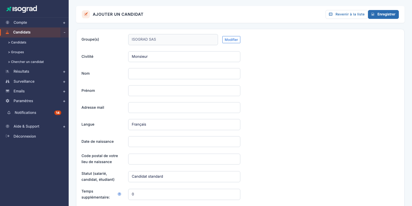 Formulaire de création d'un candidat