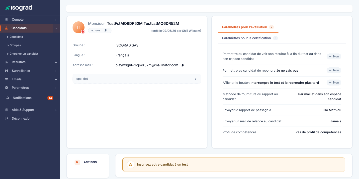 Fiche candidat après création