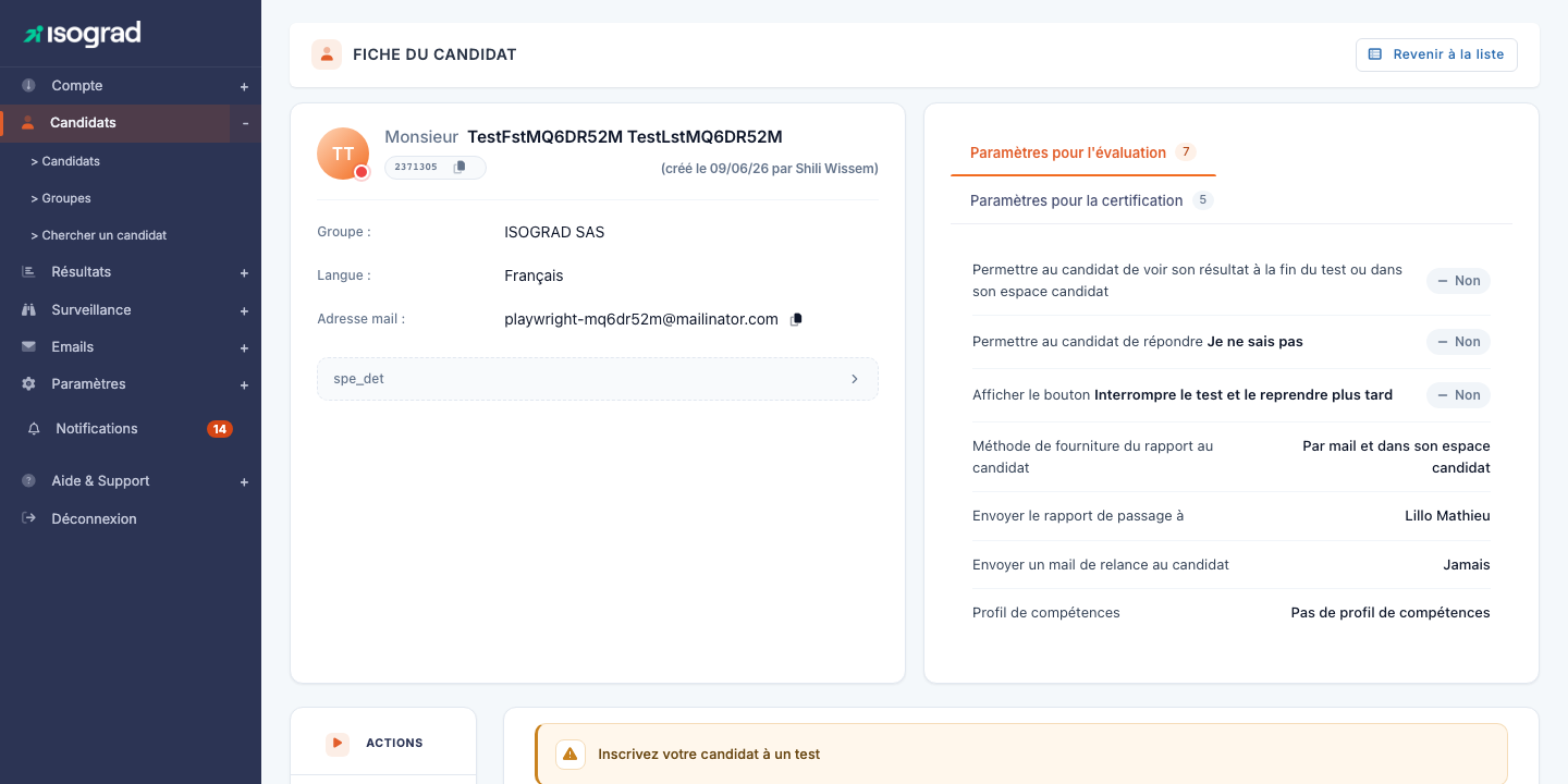 Page d'inscription aux tests