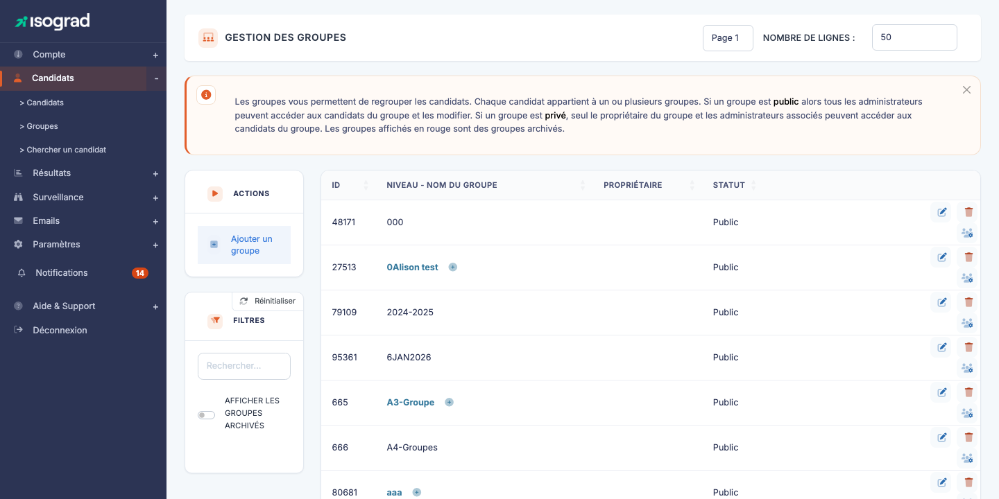 Page principale des groupes