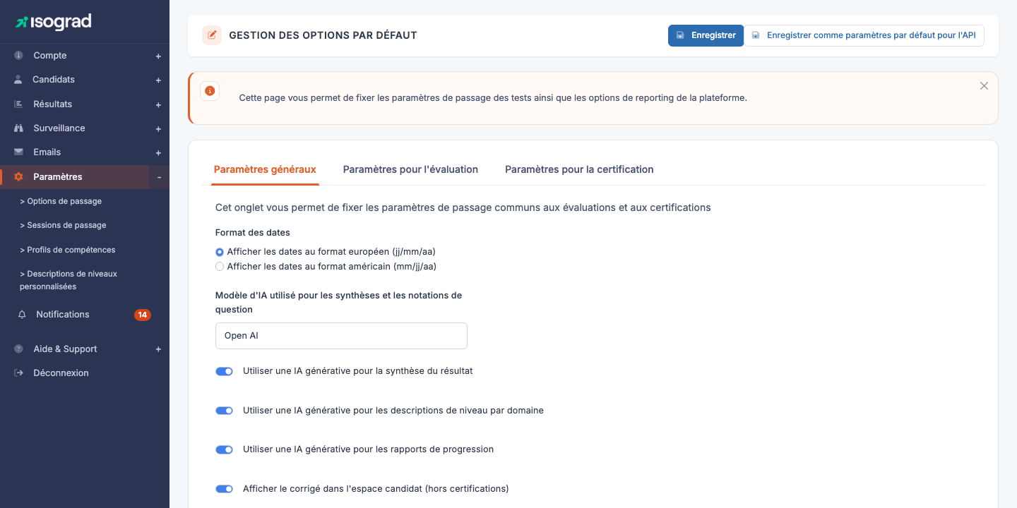 Page principale "Options par défaut"