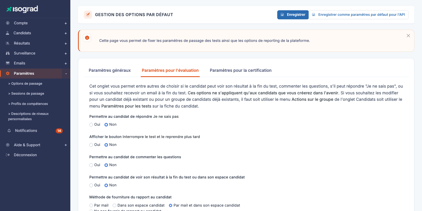Onglet "Paramètres pour l'évaluation"