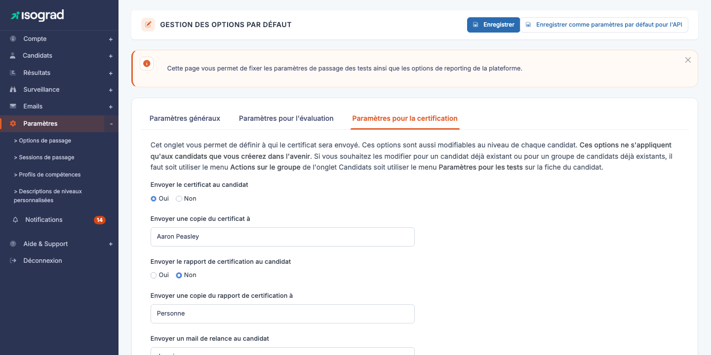 Onglet "Paramètres pour la certification"
