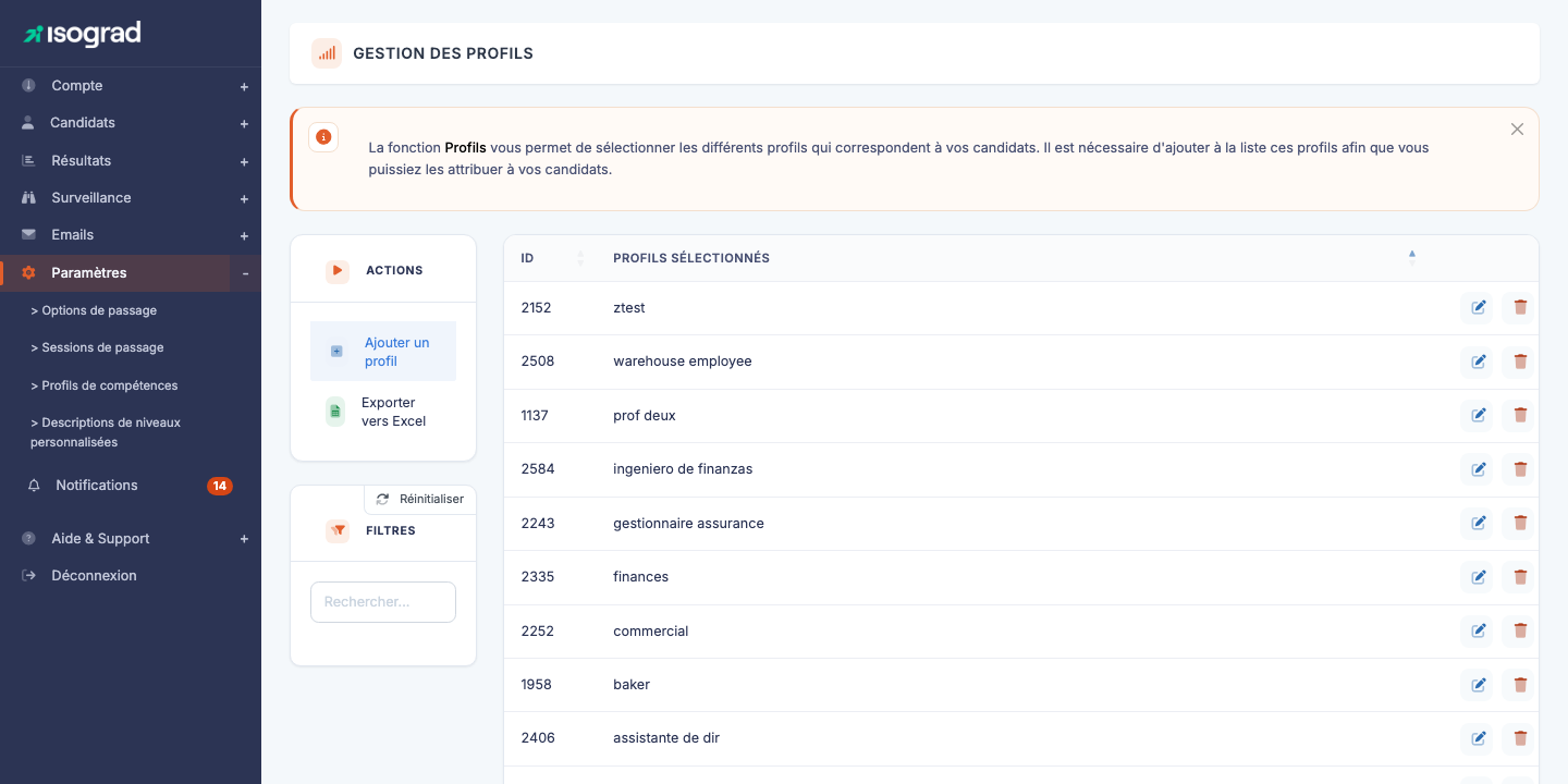 Page principale "Gestion des profils"