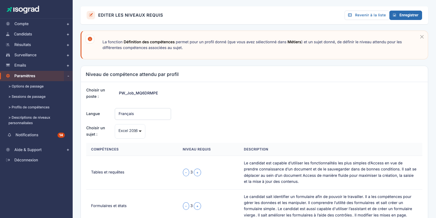 Page "Editer les niveaux requis"