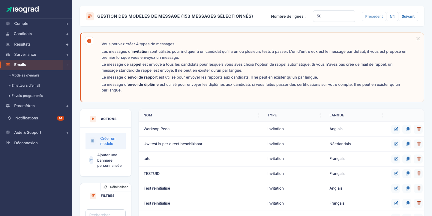 Page principale "Gestion des modèles de message"