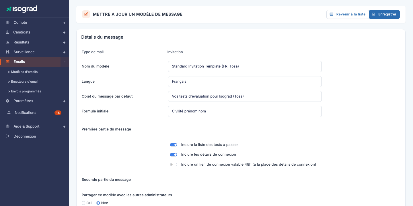 Page d'édition d'un modèle d'email