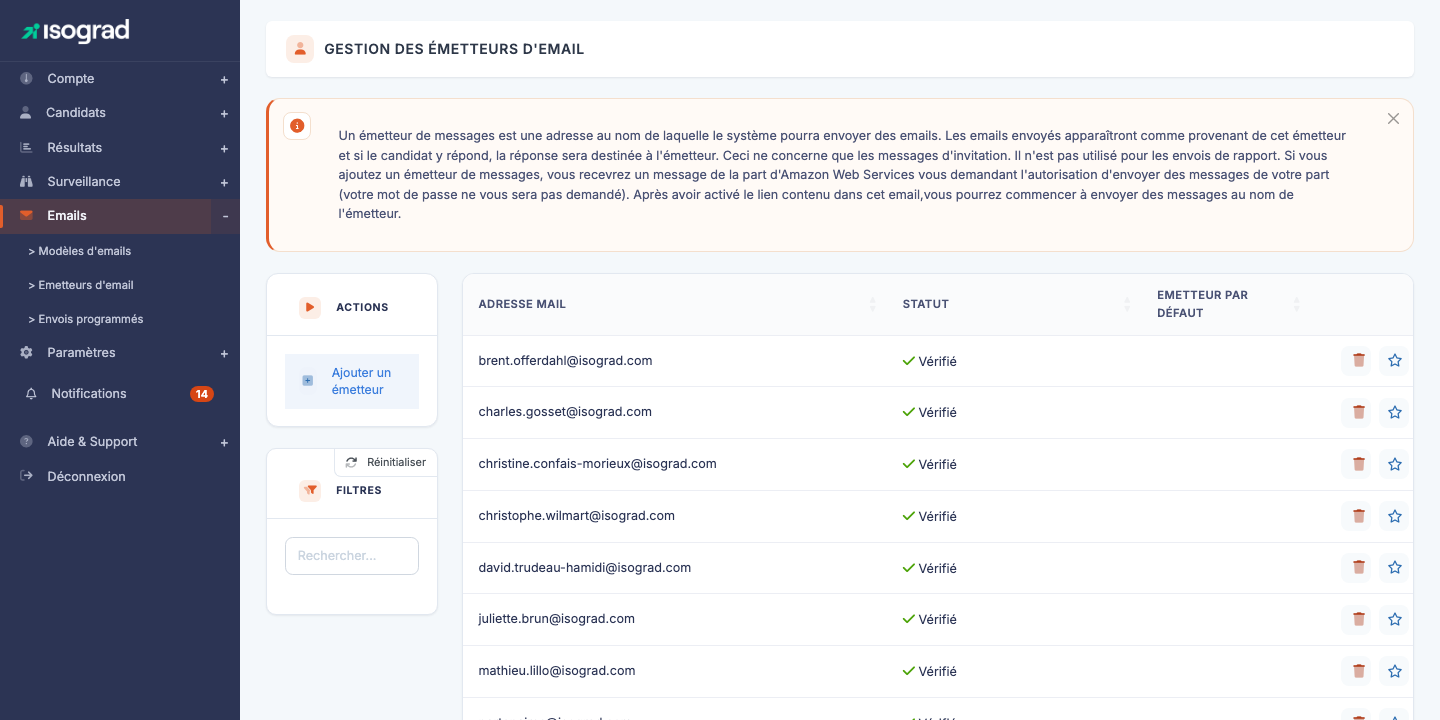 Page principale des émetteurs