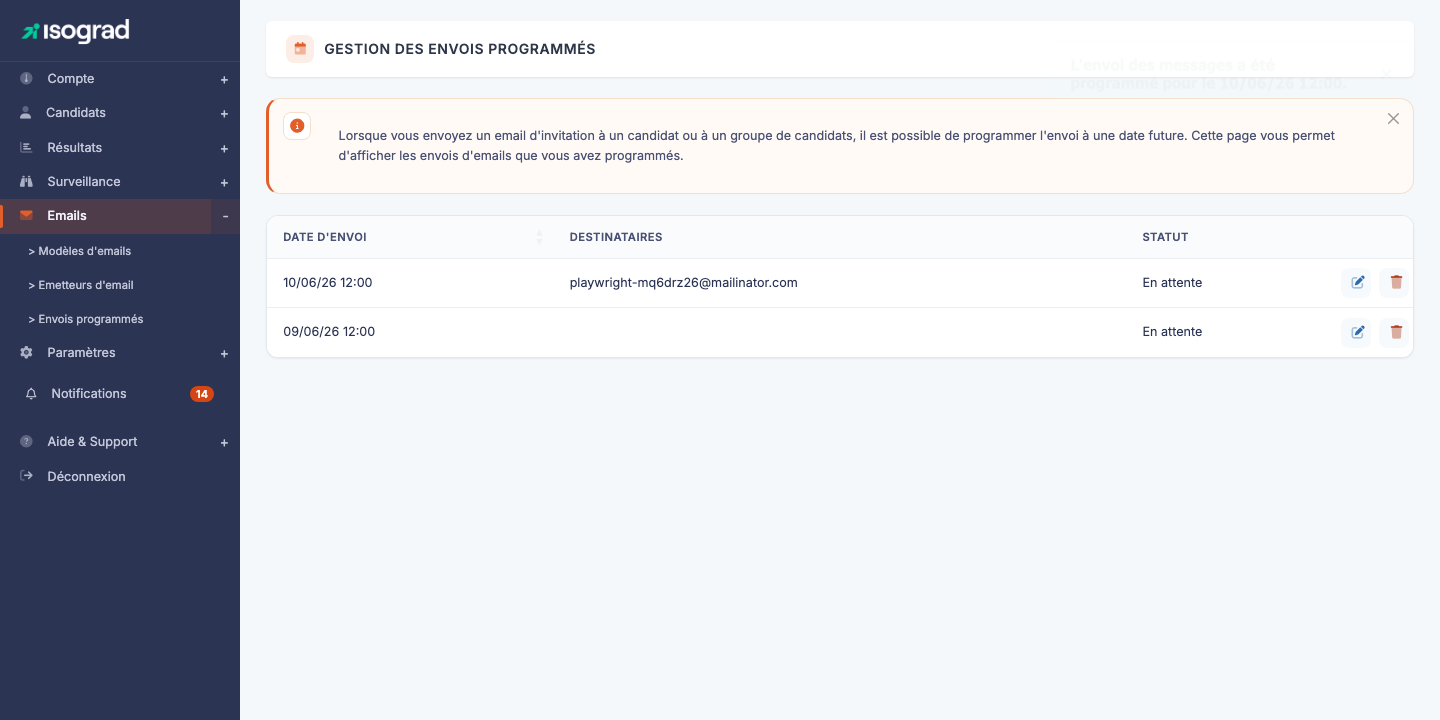 Page principale des envois programmés