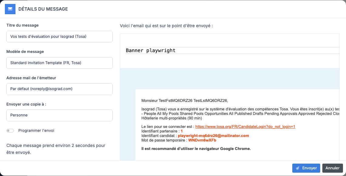 Fenêtre d'envoi d'email
