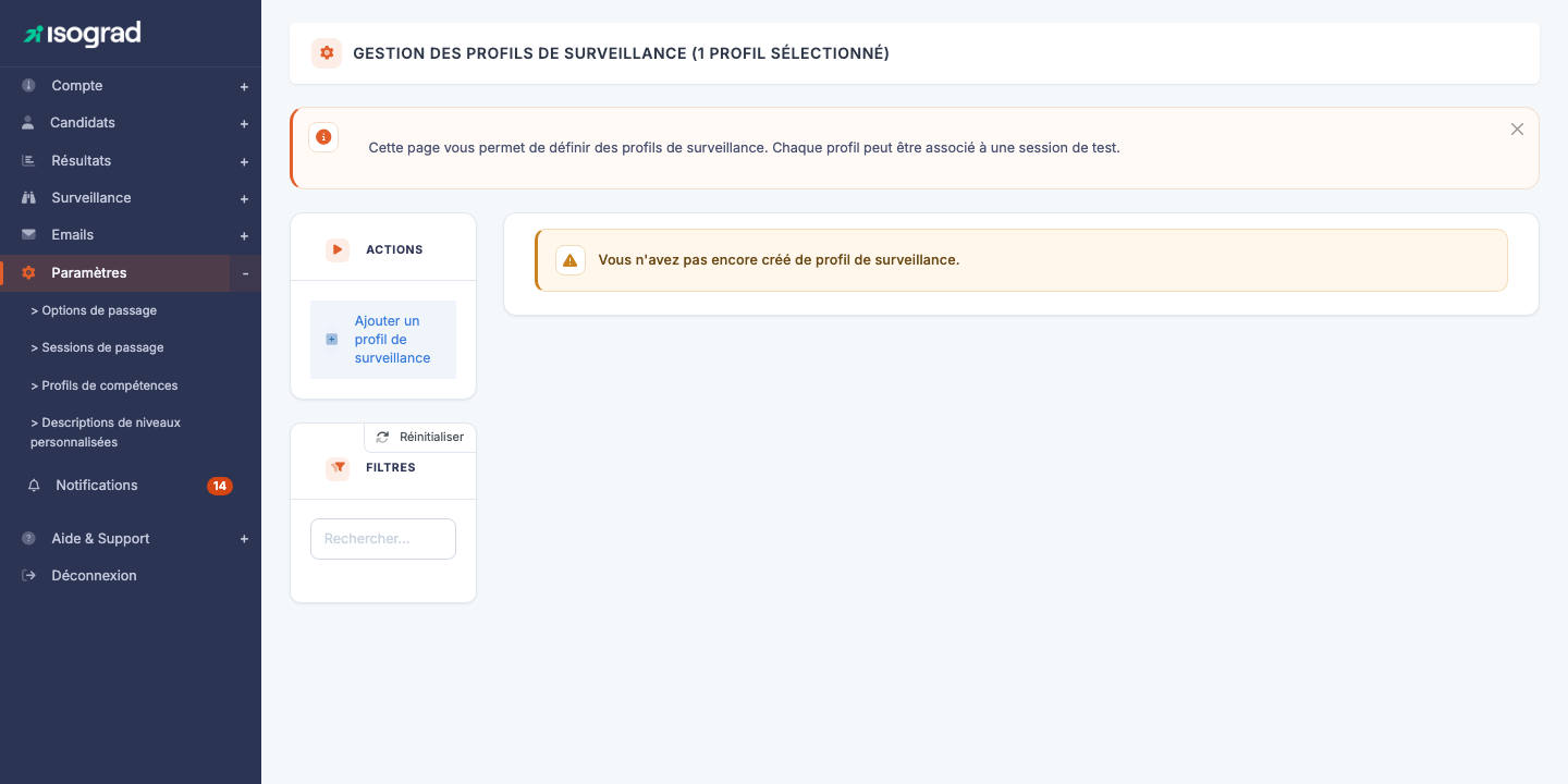 Page "Gestion des profils de surveillance"
