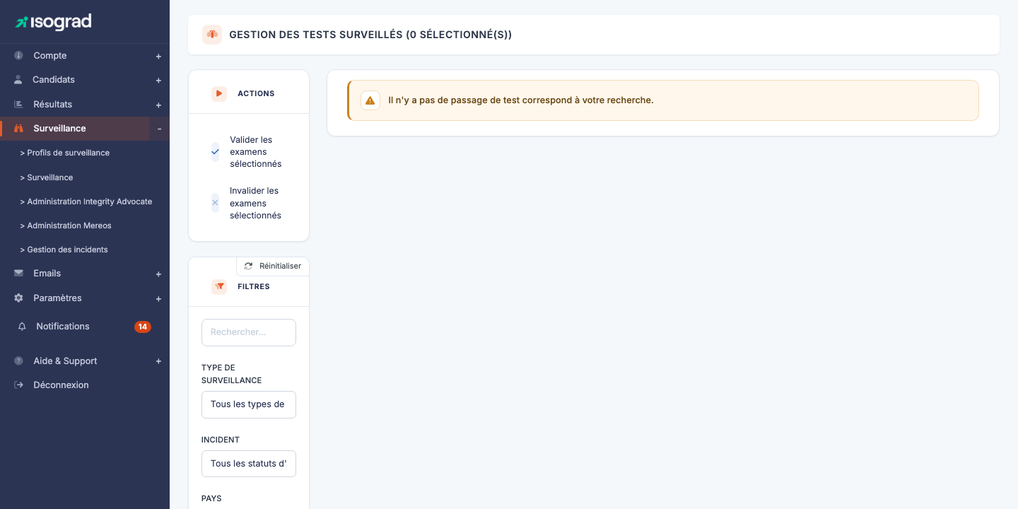 Page "Gestion des tests surveillés"