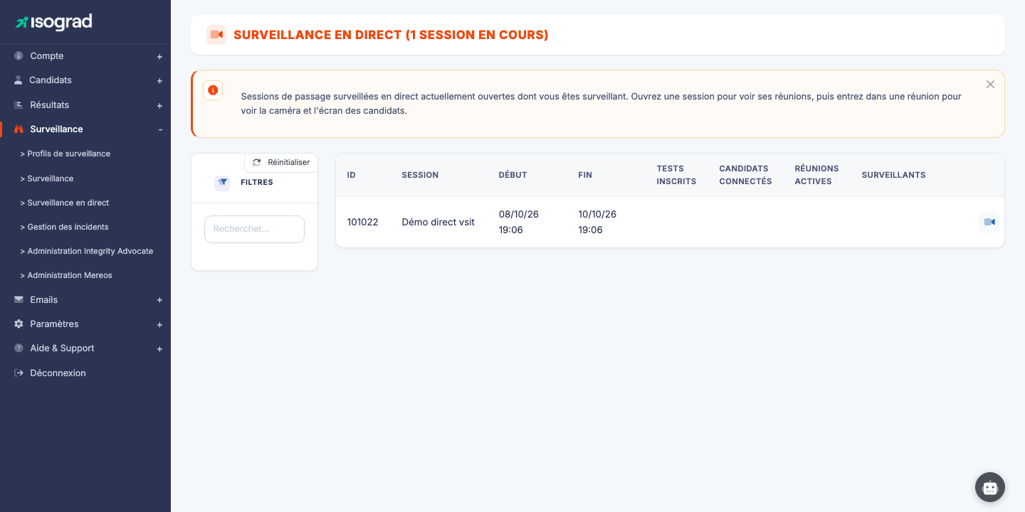 Page "Surveillance en direct"