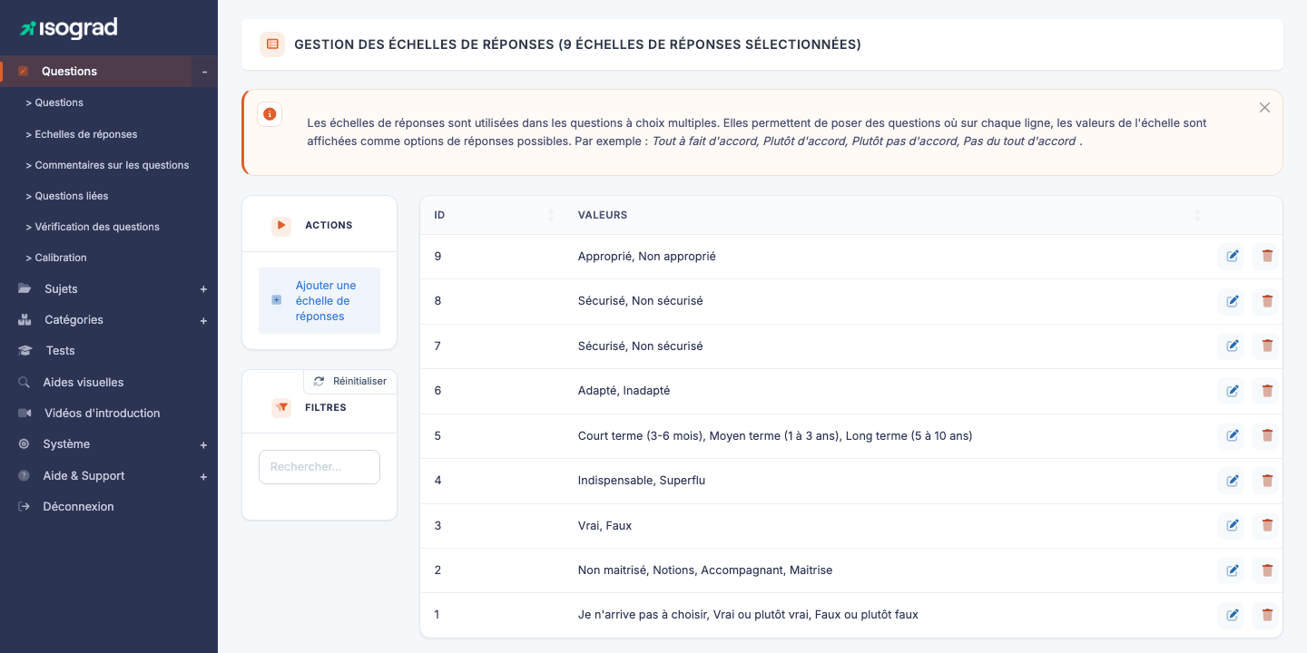 Page "Gestion des échelles de réponse"