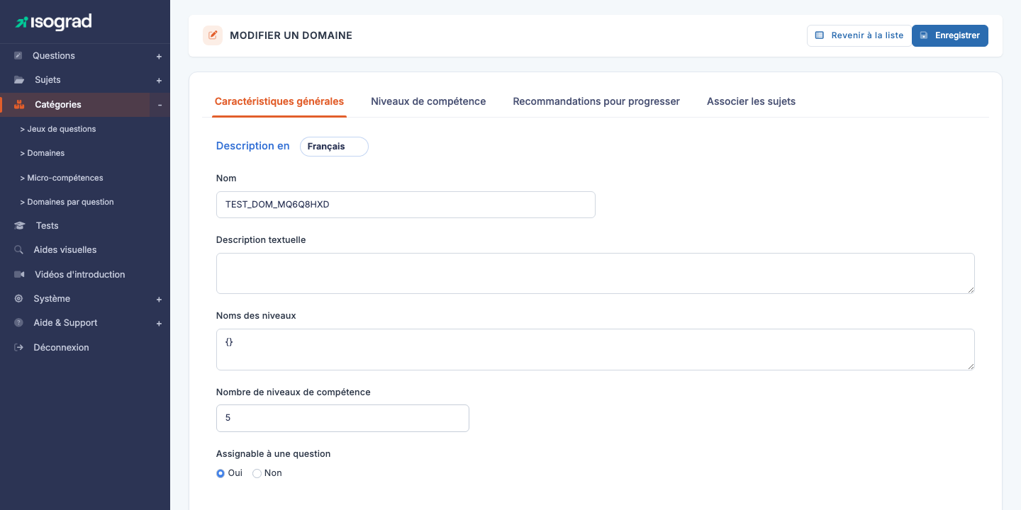 Onglets de la fiche d'un domaine