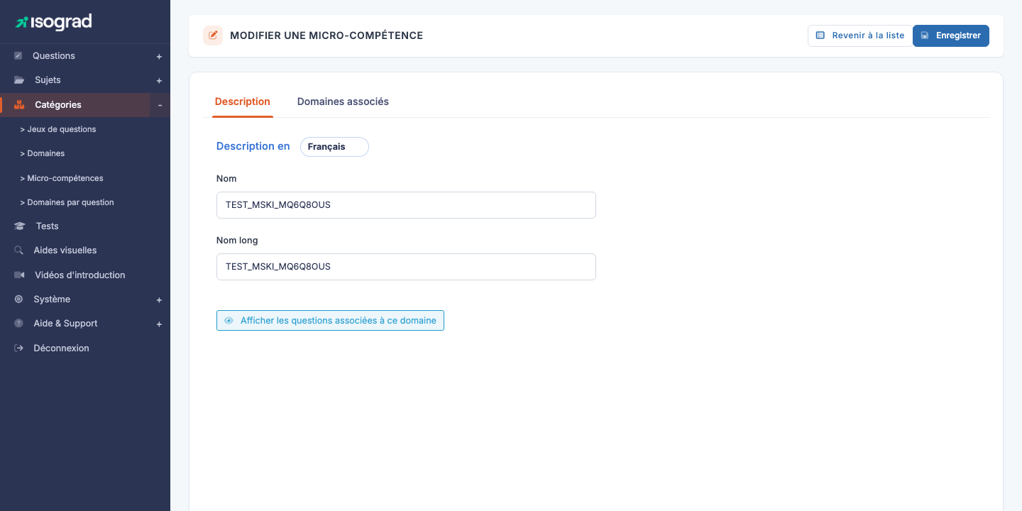 Onglets de la fiche d'une micro-compétence