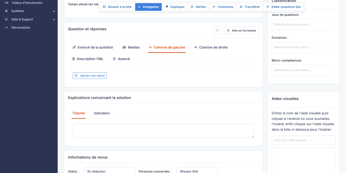 Éditeur d'une question Relier (appariement)